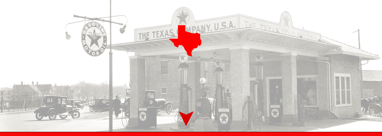 Texas map logo with a transparent background, featuring vintage Texaco gas station